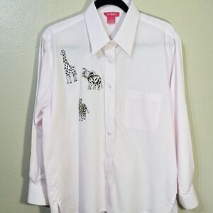 San Miko Pink &‎ White Stripe Button Up Shirt Wildlife Appliqués  Women's Sz M